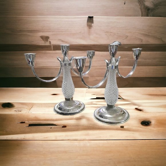 Vintage Silverplated Hobnail Glass Candelabra Set (2) LaPierre France 8.5" 1970s - Picture 2 of 9